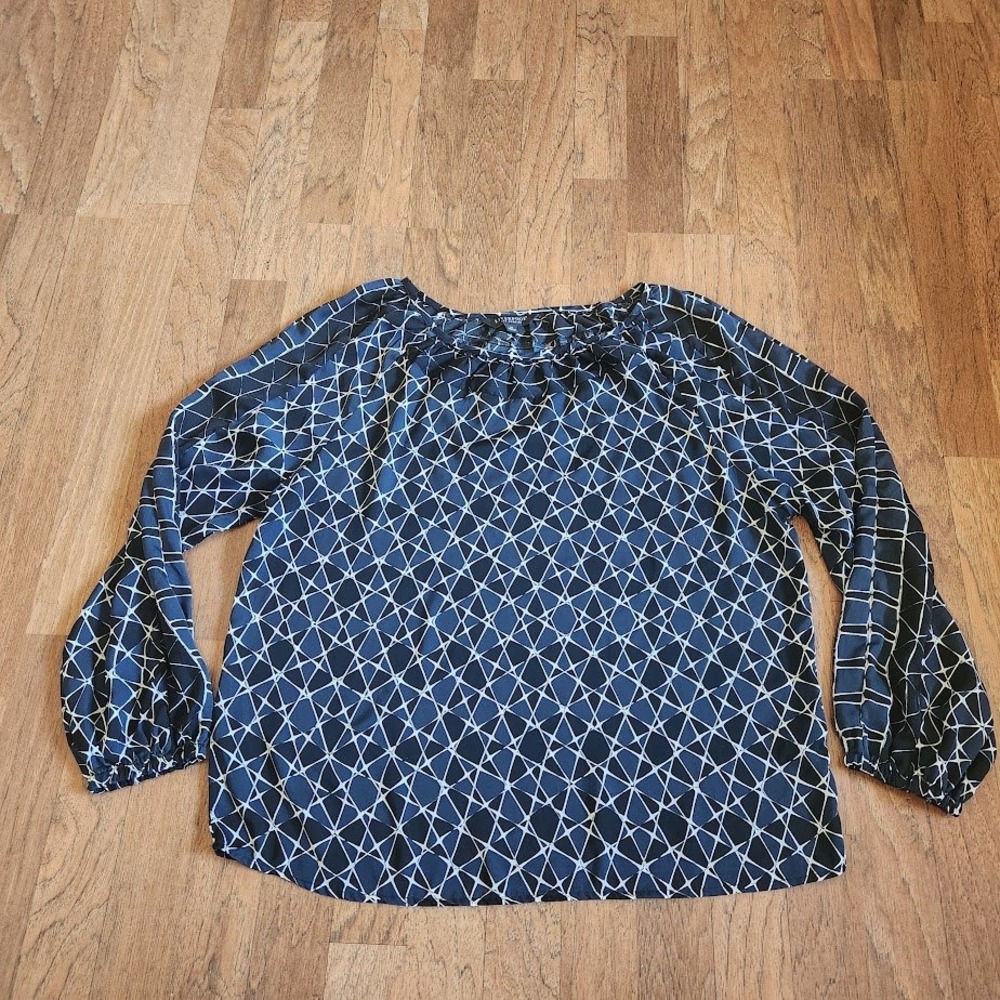 Liverpool Los Angeles Navy Blue Geometric Balloon Sleeve Blouse Size Med 516